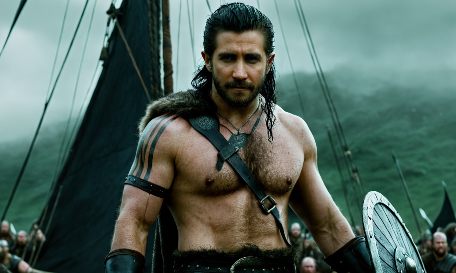 Gyllenhaal, <lora:gyllenhaal-128:0.9>, viking, black hair, medium full shot