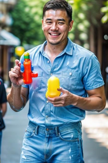 1man, male,asian, Youthful, 25 years old, younger, White and bright skin Radiant and hydrated,((( hand holding water gun))), happy face,((shirt white)), (short jeans, bulge, )VPL, handsome,short hair,pubic hair,muscular,muscle chubby chest, wet, cinematic photo full body, 35mm photograph, film, professional, 4k, highly detailed, RAW photo, subject, 8k uhd, dslr, soft lighting, high quality, film grain, Fujifilm XT3 Thailand city street , daylight