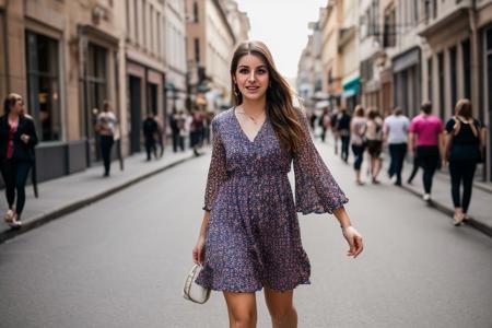 full color portrait of a young woman, wearing a summer dress, in a crowded street, natural light, RAW photo, subject, 8k uhd, dslr, soft lighting, high quality,