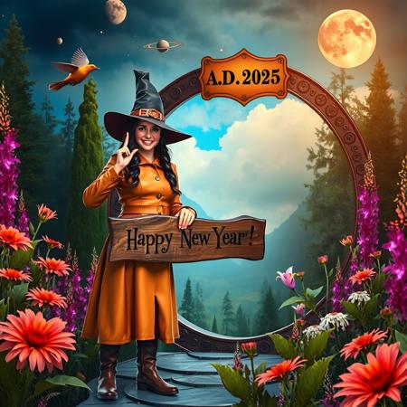 photo realistic mysterious friendly looking beautiful witch wearing orange-red leather dress clothes and overknee boots holding a wooden sign where is written on "Happy New Year!", standing in front of a omega formed stargate where above on a plate it is printed "A.D. 2025". in the background is an enchanted colorful forest with marvelous flowers plants, at the sky are moon stars planets