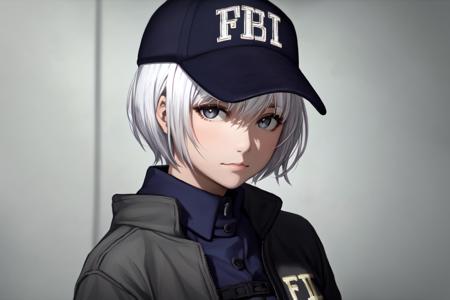 skistyle, fbi cap, cap, a girl, short white hair, grey eyes, masterpiece, highest quality