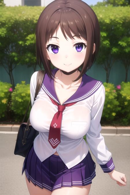 Ui Wakana short hair,brown hair,sidelocks,parted bangs,purple eyes collarbone,school uniform,purple sailor collar,white shirt,red necktie,short necktie,long sleeves,large breasts,purple skirt,pleated skirt,purple socks,loafers