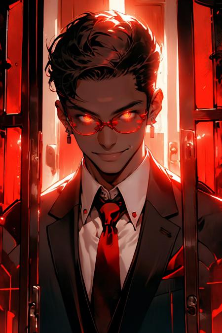 (red theme, red gradient,:1.2) redshift,red, solo, looking at viewer, smile, short hair, shirt, black hair, 1boy, jewelry, jacket, upper body, male focus, earrings, necktie, glasses, collared shirt, glowing, formal, suit, red necktie, glowing eyes, mirror, door, open door, doorway, opening door   <lora:redshift-10:0.8>