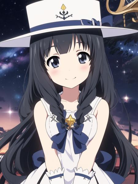 <lora:Itsuki_Pleiades:1>,  Itsuki_Pleiades, 1girl, hat, solo, long hair, black hair, gloves, smile, magical girl, blue eyes, socks, dress, black eyes, blush, looking at viewer,
universe,ãmilky way,
masterpiece, high quality, very_high_resolution, large_filesize, full color,