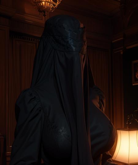 donna,black veil,head covered,
black dress,
standing,upper body,
mansion,dim lighting,
(insanely detailed, masterpiece, best quality),solo,<lora:donnabeneviento:0.8>,