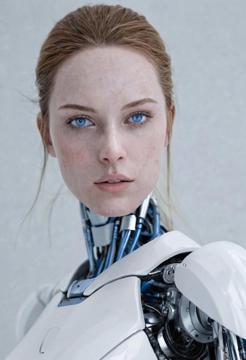 A robot, white plastic skin, female, neutral face, blue eyes, detailed, realistic, white room