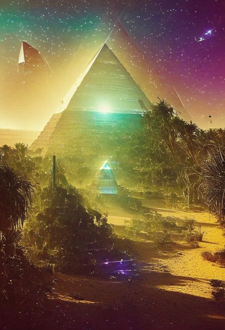 ()Hyoer Realistic:2.0)Polaroid picture 
an image of Ancient Egyptian pyramids, bathed in golden light, as a shimmering portal materializes beneath. The portal's iridescent glow illuminates the desert sands, beckoning travelers to enter. Capture the contrast between the ancient structures and the (futuristic, utopian universe within, teeming with lush vegetation, gleaming spires, and hovering spacecraft. Incorporate a sense of wonder and discovery, as the secrets of the pyramids unlock a gateway to a brighter, intergalactic future: 3.99)