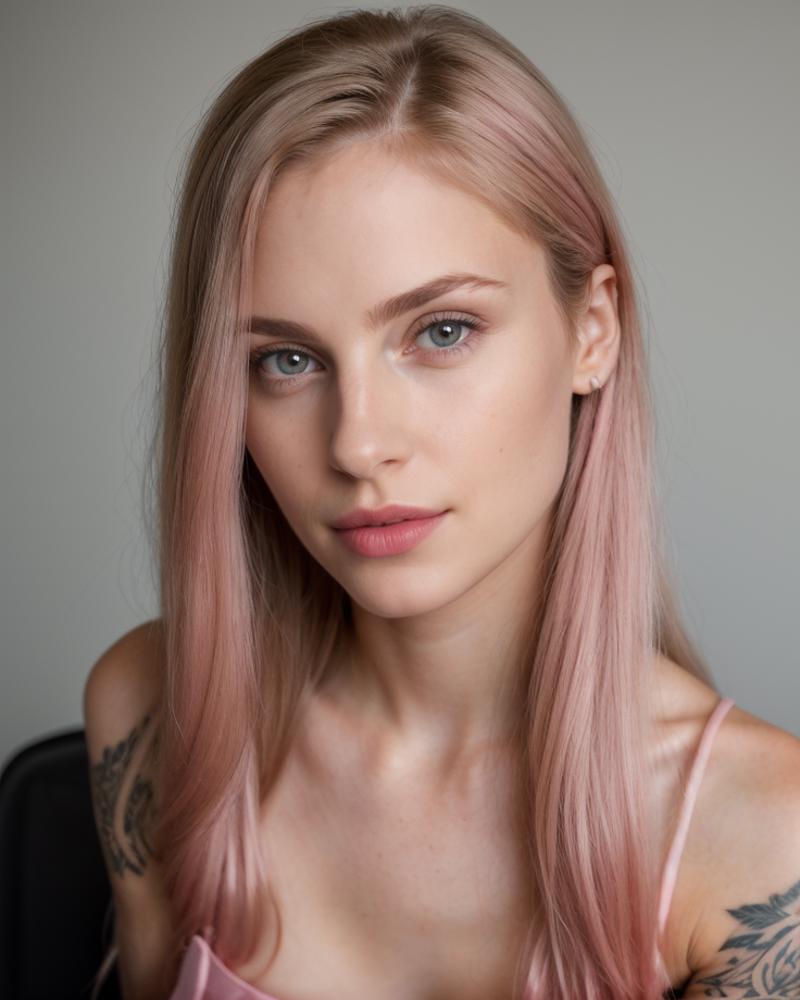A young woman with pink hair and tattoos posing for a close up shot.