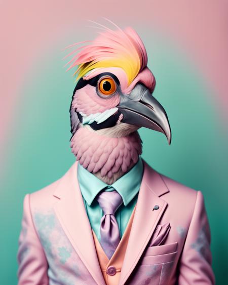 photo portrait,  a bird with a colorful head and a tie on a pink background with a pink background and a pink background with a pink wall and blue background , Annabel Kidston, professional photo, a character portrait, kitsch movement, pastel colors