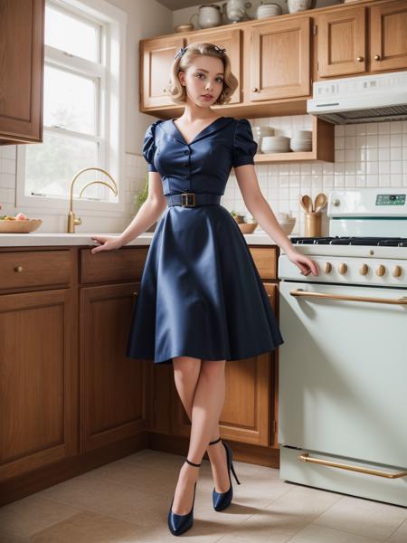 18yo, short girl, 5 feet tall, 1950's updo hair style, (high heel shoes:1.1), medium breasts, firm breasts, (sultry:0.9) (sensual:0.9) (aroused:0.9),
(1950's style A-line dress:1.2), belt, (nylon stockings:1.1), garter belt,
sultry, narrow waist, thin waist, wide hips, BREAK,
(bending over:0.9), (one foot lifted up:0.9), baking cookies, cooking, BREAK,
1950's style American farmhouse kitchen, 1950's style appliances, pastel colors, sunbeams, flowers, wine, BREAK,
heavy eyeliner, heavy eyeshadow, bright eyes, lipstick, A photo of a cute girl, skinny, adorable, lifelike, tender eyes, real photo, full shot, wide shot, (entire body in view:1.2),, masterpiece, best quality, high resolution, (photorealistic:1.2), (film grain:1.1), (morbid light:1.1), (dynamic angle), raw photo, (Ultra-HD-quality-details, real-photo-realistic, ideal),