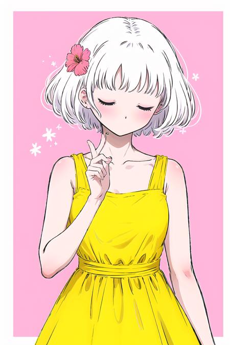 guava, 1girl, solo, closed eyes, yellow dress, hair ornament, short hair, pink background, pink flower, sleeveless, hand up, dress, flower, upper body, hair flower, bangs, simple background, sleeveless dress<lora:guava-pynoise-000008:1>