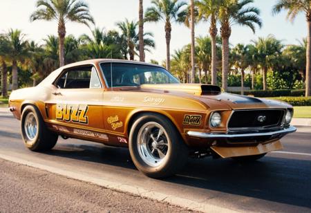 VintageMuscleCar gleaming dragster, sunny, road, palm trees, landscape, 4K, highly detailed, closeup (stylish grainy analog film photo 35mm, "BUZZ")