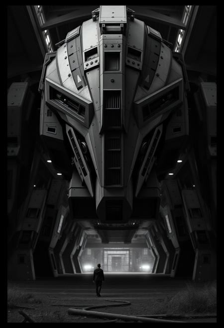 Precise architectural black and white photography portrait. Timeless and elegant style. Moody cinematic atmosphere, surreal realism. Pastoral landscapes, futuristic elements, giant machines. Sharp lines, detailed structures, wide angles.