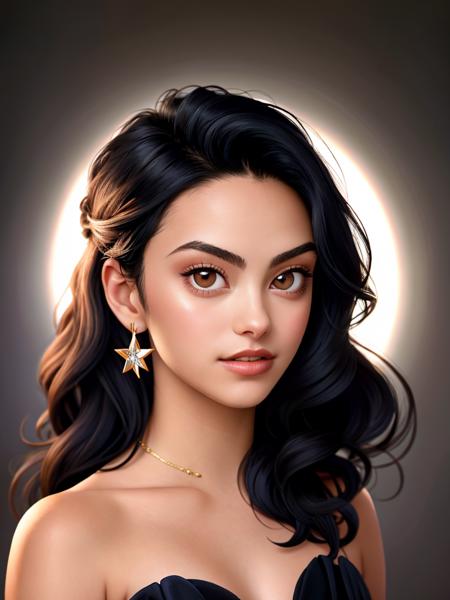 Realistic photo of a beautiful c4m1l4m woman, 1girl,solo,long hair,looking at viewer,black hair,dress,bare shoulders,brown eyes,jewelry,earrings,star (symbol),black dress,lips,portrait,realistic, soft lighting, professional Photography, Photorealistic, detailed, RAW, analog, sharp focus, 8k, HD, high quality, masterpiece<lora:c4m1l4m:1.0>