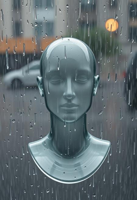 rain blocked by an invisible object, water running around the shape of an invisible human bust, like a transparent glass head under heavy rain, portrait of a person who cannot be seen