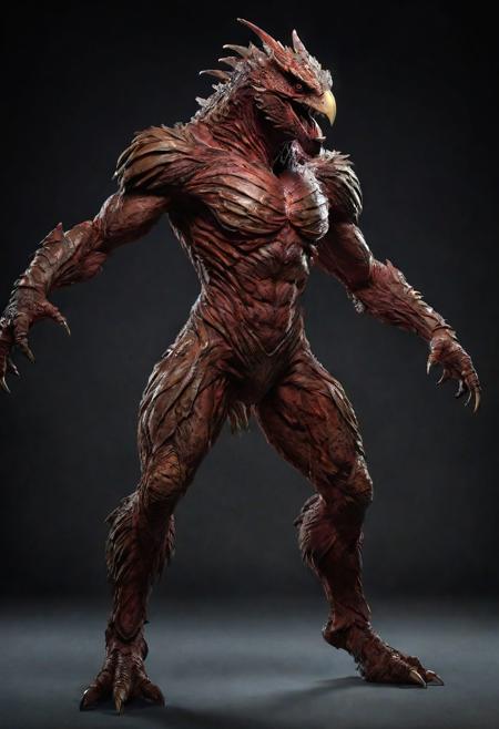 Frontal view. looking forward, looking viewer, full body, realistic professional photography, monster werebird woman, brown and red, cinematic lighting, perfect shading, amazing composition, dynamic angle, 35mm photograph, best quality, masterpiece