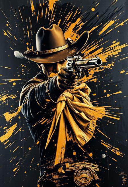 A hyper-stylistic, extremely detailed image depicts a breathtaking painting, crafted from a combination of smeared black and gold metallic paint. A cowboy shooting his pistol is captured in a streaked motion, as if it is moving rapidly in one direction. The black paint is applied in bold, dynamic strokes, creating a sense of energy and movement that is contrasted beautifully by the golden accents. The gold paint is used to highlight the cowboy's features, adding a sense of depth and dimensionality to the image. The overall effect is one of breathtaking, surreal dynamism, as if the viewer has captured a fleeting moment in time. Every detail of the image is meticulously crafted, from the delicate, swirling patterns of the gold paint to the intricate, textured patterns of the black paint. The contrasts between light and dark, color and texture, create a sense of tension and energy that draws the viewer in, inviting them to explore the kinetic world of the painting. highest-Quality, intricate details, visually stunning, Masterpiece