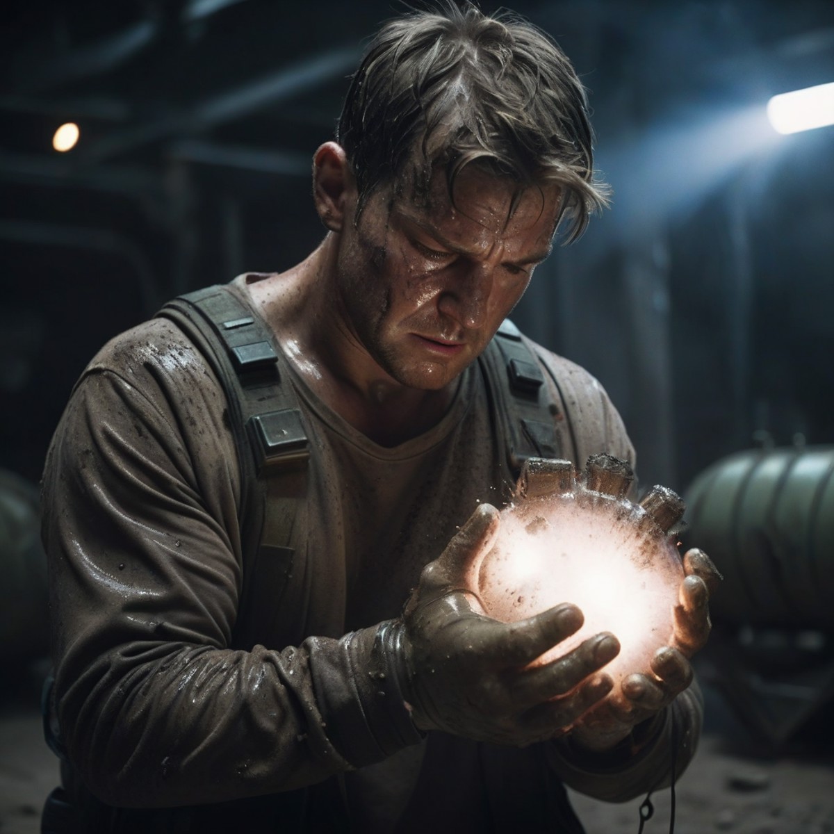 cinematic shot of a man with a dirty face and sweat on his face looking down at his hands holding a bomb, holding futurist...