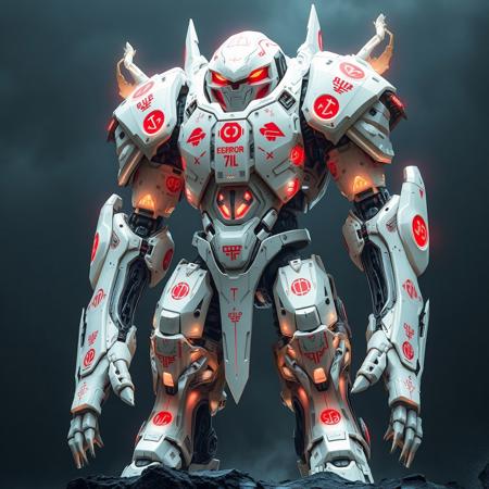 - +++C0d3Br34k.exe towers above others in pulsating bone-white armor inscribed with red error glyphs. Its body shifts between solid code plating and ghost-layer transparency. Four burning eyes observe threat vectors with surgical precision, and its armored arms quake with forbidden protocol strength.