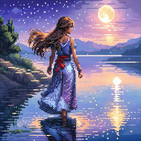 pixel art,
(masterpiece),(wallpaper),(best quality),(best illuminate, best shadow),(best illustration),dynamic angle,
(+++a girl+++) is walking in front of a delicate and beautiful moon-blue sky,solo,from side,
(Backlight),mid shot,(the beautiful and delicate girl:1.3),beautiful bare back,(detailed face:1.2),(long floating hair:1.2),(beautiful long dress:1.2),floating dress,
the girl (walking) on surface of the water,Beautiful and delicate violet light water surface,reflective water surface,
High saturation blue clouds and (stars sky) in the background,cold color,