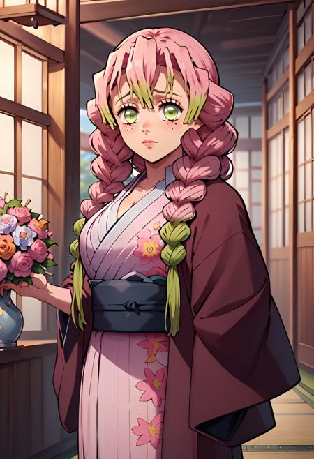 Mitsurujiuni, kanroji mitsuri, long hair, hair between eyes, pink hair, twin braids, green eyes, mole under eye, medium breasts,  Mitsurujiuni, kanroji mitsuri, long hair, hair between eyes, pink hair, twin braids, green eyes, mole under eye, medium breasts, haori,  demon slayer uniform, collared shirt, partially unbuttoned, black skirt, miniskirt, green thighhighs,  Mitsurujionz, kanroji mitsuri, long hair, hair between eyes, pink hair, twin braids, green eyes, mole under eye, medium breasts, black jacket,  japanese clothes, haori, pink kimono, sash,  obi,  floral print, yukata, 