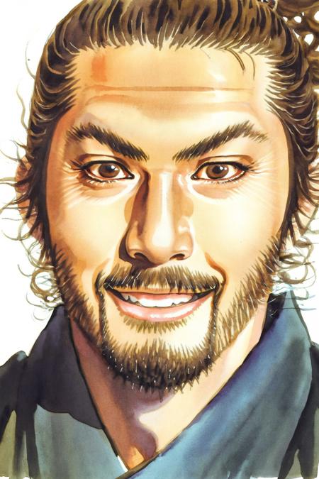 highlight on eyes，
takehiko style, 1boy, male focus, facial hair, solo, beard, traditional media, portrait, mustache, realistic, smile, grin, looking at viewer, manly, old, old man, brown eyes