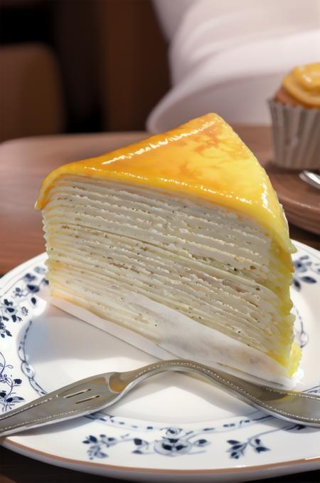 millecrape, food, blurry, plate, food focus, cake, still life, dessert, depth of field, blurry background, realistic, spoon, cup, pastry, cake slice, table, depth of field