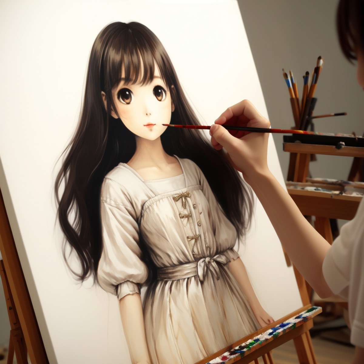 <lora:artist_hands_v2:0.7>, detailed girl shaped, on_back, holding paintbrush, painting (action), palette (object), art br...