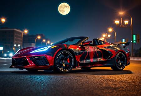 2023 corvette stingray with spiderman vinyl, head lights on, city streetlamps, nighttime, Glowing moon background, deep rich, glossy colors, High Resolution HDR, 8K