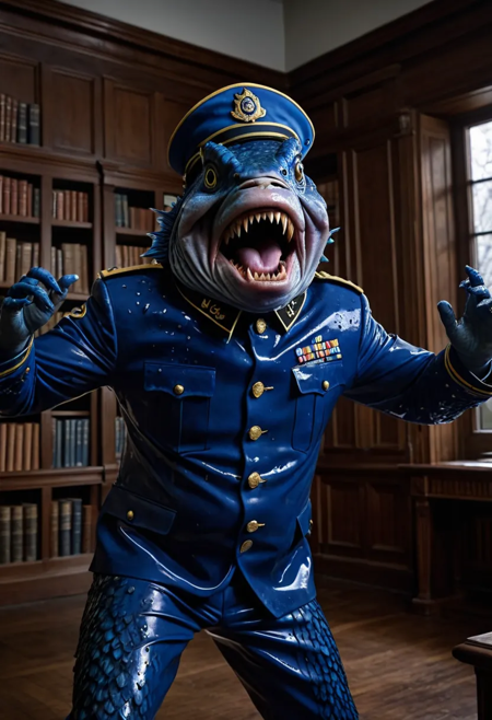 a bold wet photorealistic portrait of a mysterious fish like humanoid figure screaming, shrouded in the library of shadows wearing a blue colonel decorated uniform, their features obscured yet hinting at a deep emotional complexity, slimy scaly textured skin and flipper baby arms reflect a possible morbid biological accident at birth, high resolution, captured with glowing dramatic neon lighting and intricate detail, (volumetric:1.3),  photo by Annie Leibovitz