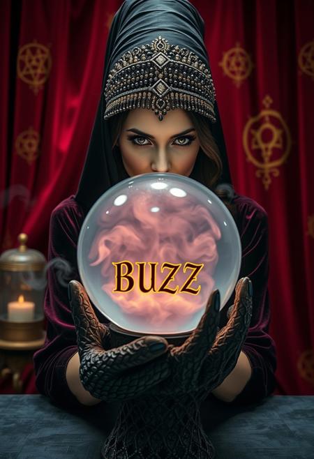 A beautiful witch is peering into a crystal ball on a pedestal in the shape of a dragon's claw.in a demonic hand. Her flawlessly beautiful face is framed by a intricate beaded headdress and her velvet dress has a high collar framing her face. In the smokey, swirling depths of the crystal ball can be read the word "BUZZ" in gothic letters. The background is an arcane workshop with heavy red velvet drapes embroidered with golden magical symbols. The scene is dark and mysterious and arcane.
