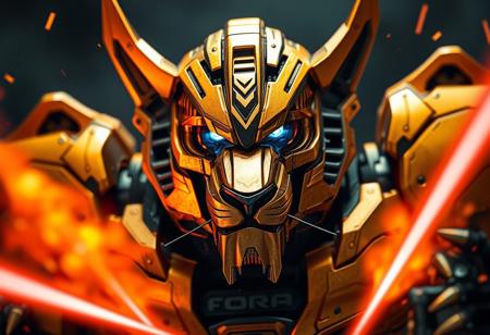 transformers generation 1,robot made of lion parts, scorn, with gorgeous detailed eyes in the style of precisionism, gaston bussiere, a picture, gold and black, lion head on chest, vents, wide focus, action pose, lasers, explosions,