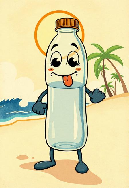 A vintage cartoon-style water bottle character, half-empty, standing on a sandy beach under a blazing sun. The bottle has simple anthropomorphic features: big expressive eyes, a cartoon mouth with its tongue sticking out from the heat, and skinny rubber hose limbs (just black lines with simple mitten-like hands and oval feet). It looks exhausted and slightly melting, droplets of condensation dripping from the glass. Background shows stylized waves and palm trees in 1930s animation style. The whole scene has a grainy, hand-drawn look, with watercolor textures and muted vintage colors. The character’s label is faded and wavy, adding to the retro charm. Include film grain and flicker effects to mimic an old cartoon reel.