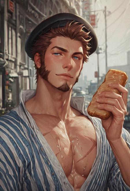 score_9, score_8_up, score_7_up, score_7, score_6_up, mature male, upper body, solo, napoleon bonaparte \(fate\), fate \(series\), fate/grand order, blue eyes, brown hair, short hair, long sideburns, facial hair, goatee, scar on chest, beret, striped clothes, Eifel tower in background, holding baguette, holding long bread, outdoors, streets of Paris, painted portrait, oil painting, high-quality, detailed, hard and soft shadows, pastel colors