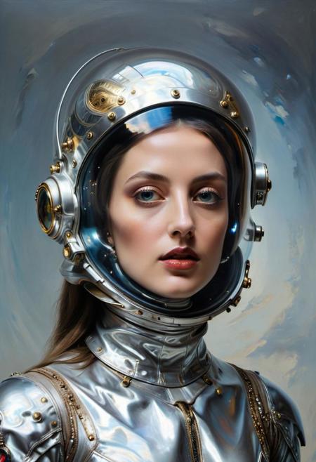 (masterful but extremely beautiful:1.4), (masterpiece, best quality:1.4) , in the style of nicola samori,Futuristic portrait, a female astronaut encased in reflective silver armor::2.4, blend of hyperrealism and surrealism, shimmering holographic helmet, style of Salvador Dali, detailed, contrast of sharp shadows and vibrant lighting::1.7, neoclassical architecture background, starstudded cosmos, 8k, hyperdetailed     
closeup portrait, redhead, dramatic lighting, perfect makeup, 
<lora:add-detail-xl:1> <lora:xl_more_art-full_v1:0.5>  <lora:NicolaSamori:0.7>