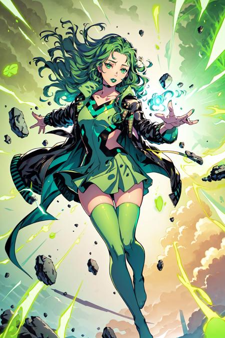 Lorna Dane,  Polaris,  1girl,  solo,  long hair,  looking at viewer,  thighhighs,  dress,  jacket,  zettai ryouiki,  makeup,  floating hair,  lipstick,  animification,  green theme,  green thighhighs, specular highlights,  extremely detailed,  best art,  official art,  masterpeice, <lora:EMS-51654-EMS:0.800000>