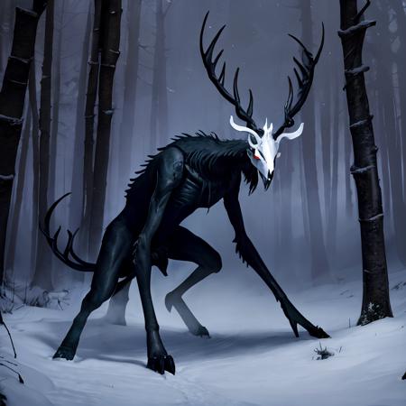 <lora:Wendigo_v01:0.8> masterpiece, hires, 4k, detailed, wendigo standing in a forest, snowy, night, trees,