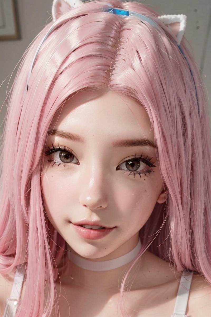 closeup, face, detailed eyes, 
leotard, 
 <lora:DI_belle_delphine_v1:1> pink hair