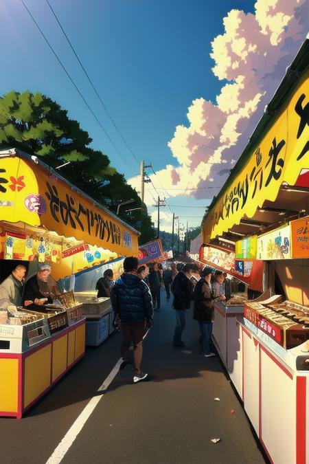 masterpiece, best quality, ultra-detailed, illustration,
omatsuri, food stand, outdoors, scenery, tree, street, road, sign, multiple boys, power lines, lamppost, sky, cloud, day, real world location, winter, city, sitting, bare tree, utility pole, building, vending machine, food, shop, pants, trash can, 6+boys, 
 <lora:omatsuri_V4_1.0_OUTD_Resize_DIM8:1>