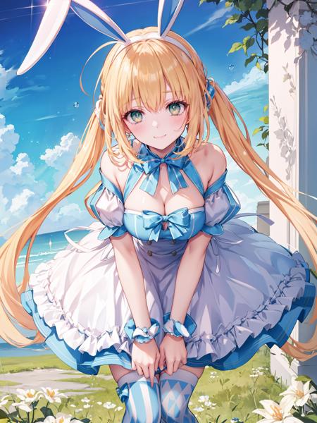 very long hair, blonde hair, ahoge, green eyes, forehead mark, blue bow, hair bow, detached sleeves, cleavage, one-piece swimsuit, high heels