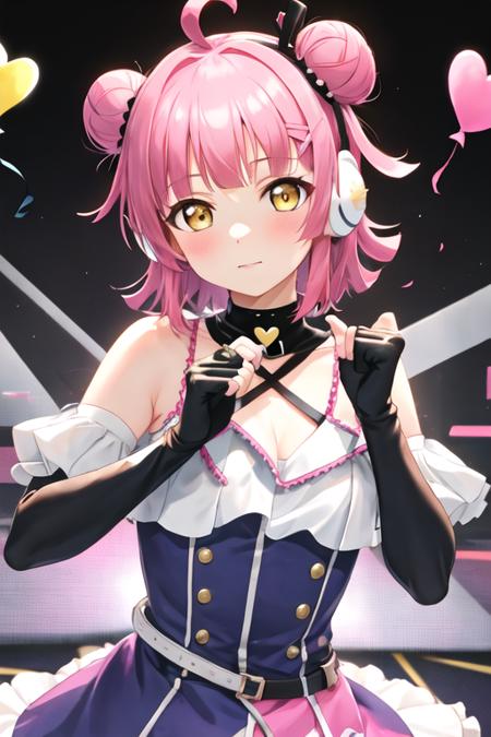 tennouji_rina_loveliveschoolidolfestivalallstars pink_hair, bangs, ahoge, blunt_bangs, yellow_eyes, short_hair, blush, blunt_ends