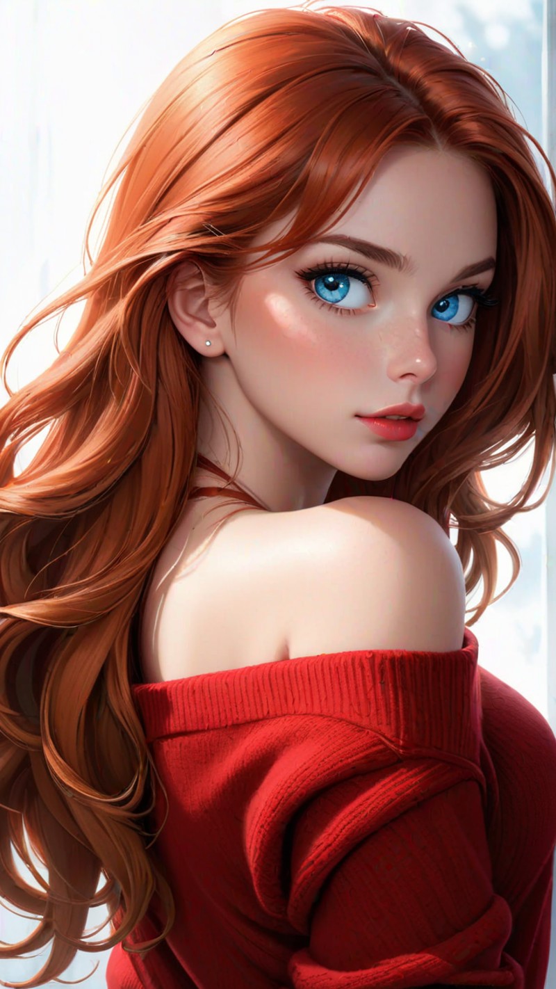 (1girl, solo, masterpiece, 8k, HDR,), ginger girl, 
character concept art of a beautiful woman leaning over, red sweater f...