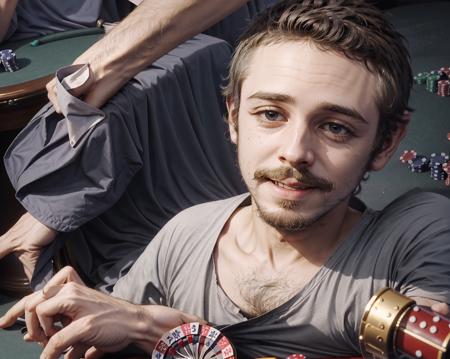 <lora:bossmanjack_v4_128_dims:1>, 1boy, ((sitting in a casino)),  facial hair, realistic, smiling