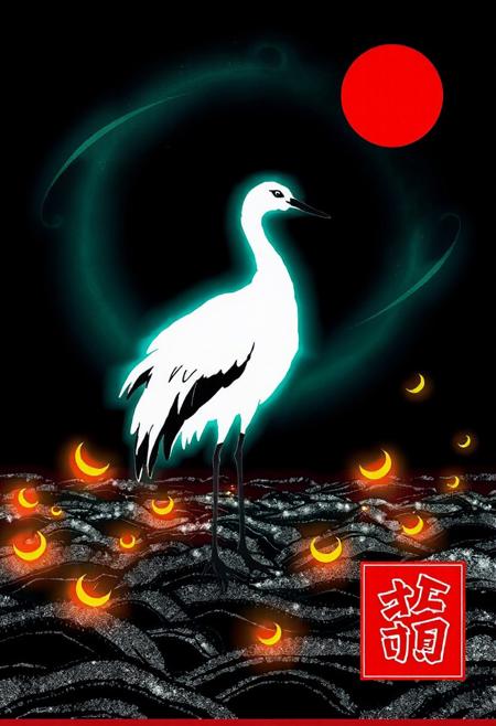 JNANX,luminous white silhouette,cyan glow,emerald highlights,flickering outline,dreamlike movement,rippling colors,drifting embers,infinite black background,psychedelic colors,ethereal,futuristic surrealism,gw,glowing,night,night sky,trippy,
"A stylized illustration of a white and black crane standing on a textured black and white ground, with a large red circle in the upper right corner and small yellow crescent shapes scattered among the black elements. The overall style is reminiscent of traditional Japanese or Korean art, with bold outlines and flat colors. The image has a red border and a small box in the lower right corner shows a miniature version of the same illustration with a circular red symbol containing a stylized character at the bottom."
