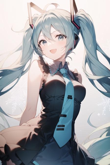 1girl,masterpiece,upper body, best_quality,hatsune miku,gradient hair,twintails,aqua eyes,open mouth, smile,arms behind back,  <lora:rella-v2-000005:1>