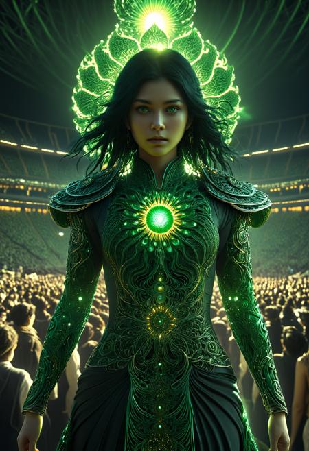 professional 3d model japanese clothes, <lora:Beeple_generative art-000005:1>,Beeple,, solar flare hd,<lora:Abstract Concept-Chaos:0.4>,intricate fractal art,apophysis, chaos,, a woman with green eyes and a black hair is standing in front of a crowd of people in a stadium,<lora:CB-Fantasy-000004:1>, Charlie Bowater, fantasy art, a detailed painting, exquisite details, . octane render, highly detailed, volumetric, dramatic lighting