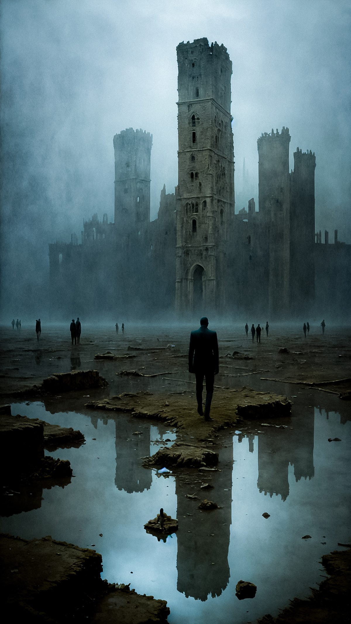 The image features a man in a suit standing in a desolate area, surrounded by ruins and a castle-like structure. He appears to be looking at the camera, while the rest of the scene is foggy and haunting. The man's suit and tie give off a formal and mysterious vibe, as he stands near a puddle in the scene. The overall atmosphere suggests a sense of solitude and exploration amidst the ruins, possibly evoking feelings of curiosity and wonder.