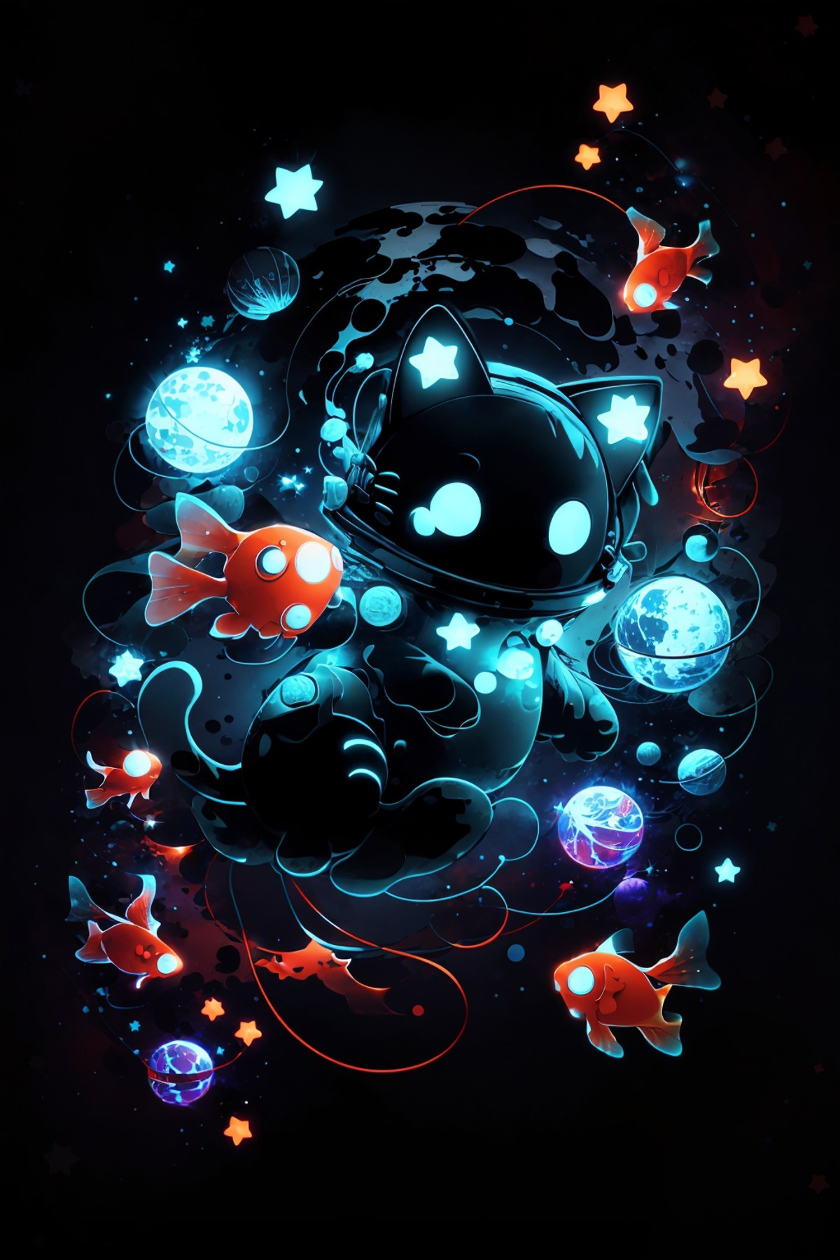 cute00d, star (symbol), glowing, cat, black background, star (sky), floating, fish, space, yarn, space helmet, yarn ball, ...