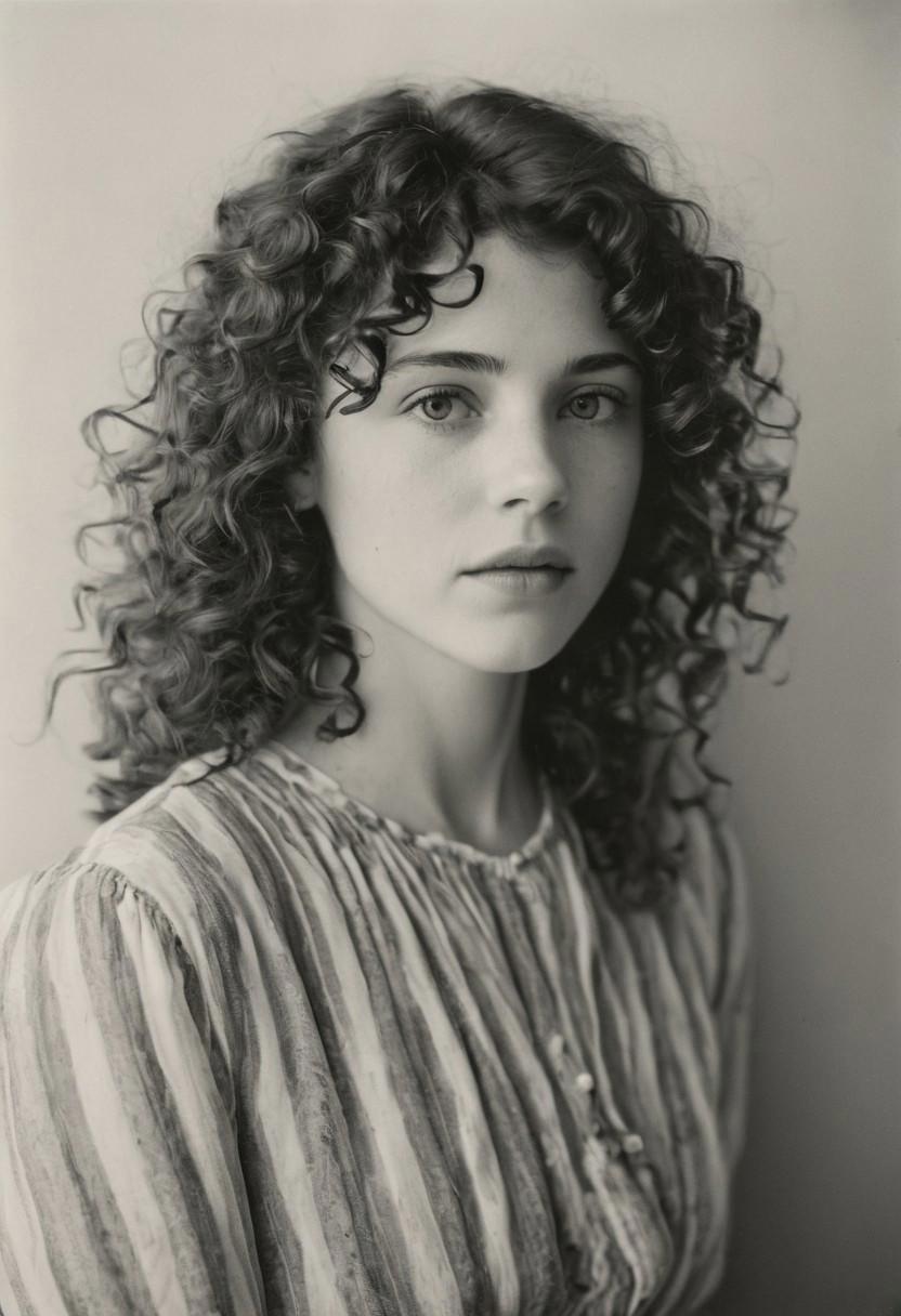 Analog photo portrait, taken with a vintage film camera, of Emily, a petite woman in her late twenties. She has curly brown hair and is wearing a flowy dress. The photo has a soft focus and warm tones, giving it a nostalgic feel. Captured by renowned photographer Sally Mann or Annie Leibovitz or Nan Goldin or Cindy Sherman.