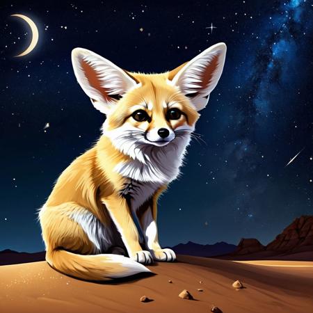 Fennec fox sits quietly in the desert at night, looking at the stars. --no "very painting style" --ar 9:16 --v 6.0